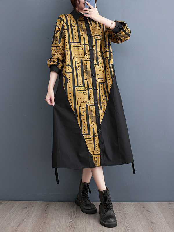 xakxx A-Line Long Sleeves Asymmetric Contrast Color Printed Warp Knitting Lapel Midi Dresses Shirt Dress