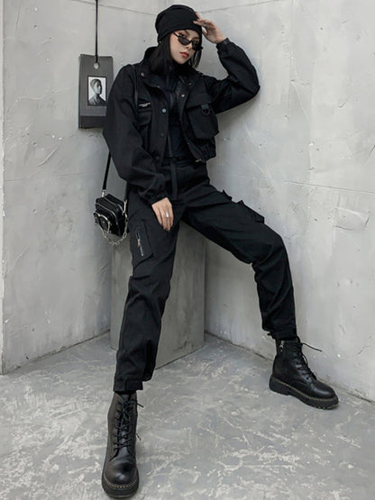 xakxx Original Black Pocket Zipper Split-Joint Overalls Pants