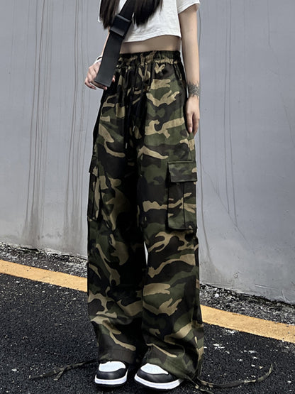 xakxx Hip-Hop Wide Leg Drawstring Camouflage  Pants