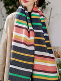 xakxx Contrast Color Fringed Keep Warm Multi-Colored Striped Shawl&Scarf