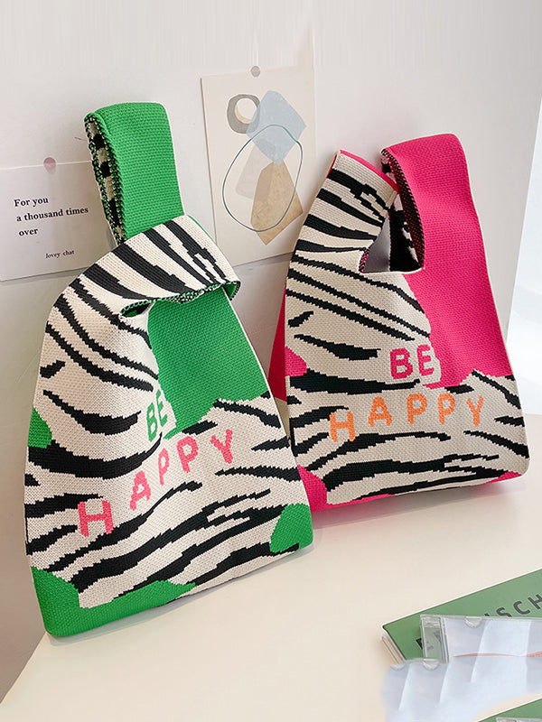 xakxx Letter Print Zebra-Stripe Bags Woven Handbag