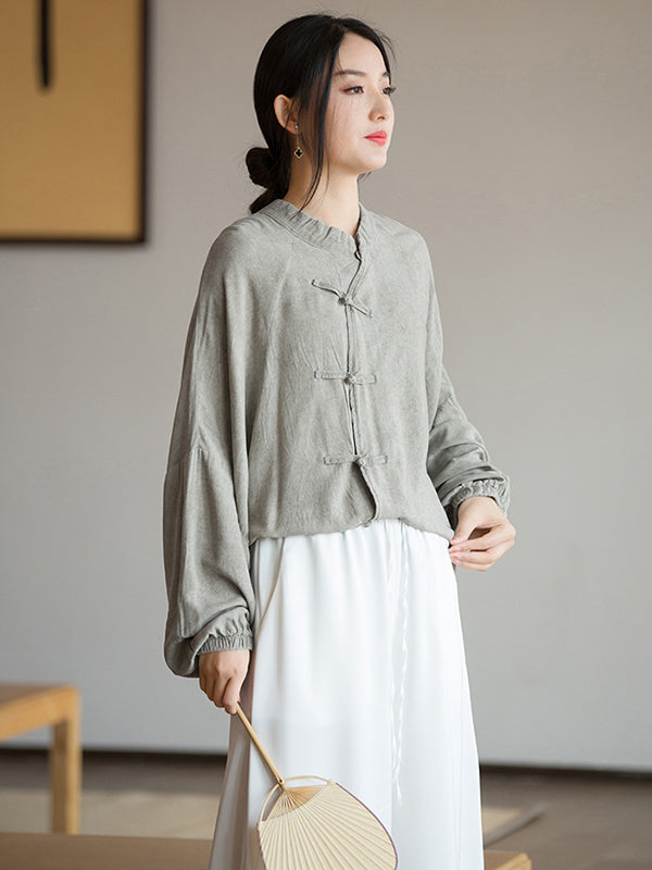 xakxx Artistic Retro Loose Long Sleeves Buttoned Solid Color Stand Collar Blouses&Shirts Tops