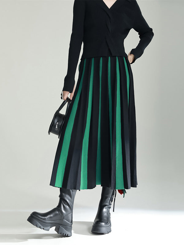 xakxx Original Creation Loose A-Line Contrast Color Striped Skirts Bottoms