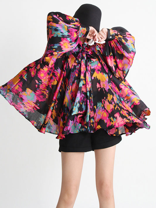 xakxx Fashion Loose Printed Puff Sleeves Pleated Stand Collar Blouses