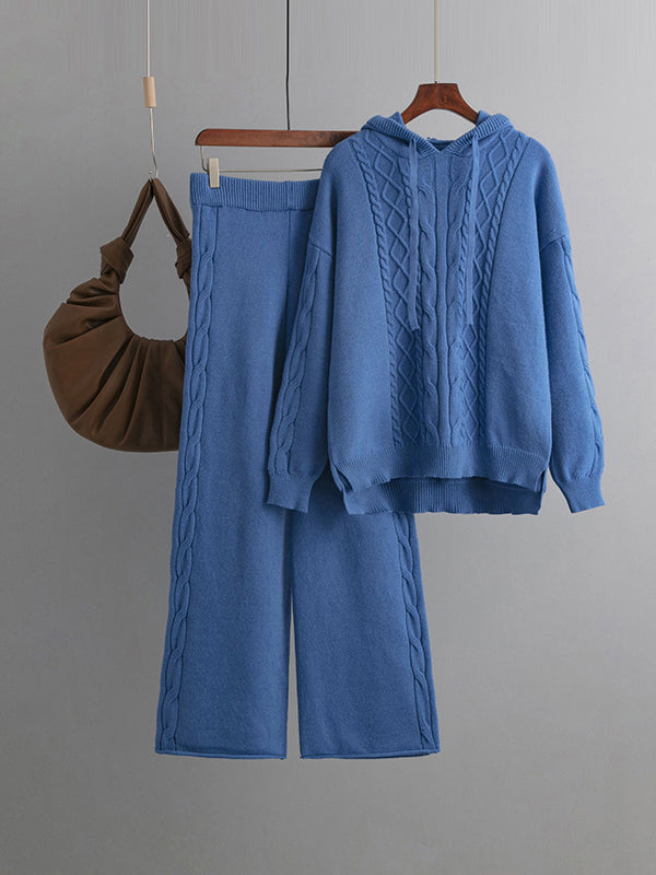 xakxx Urban Loose Solid Color Hooded High-Low Sweater Tops & Wide Leg Pants Two Pieces Set