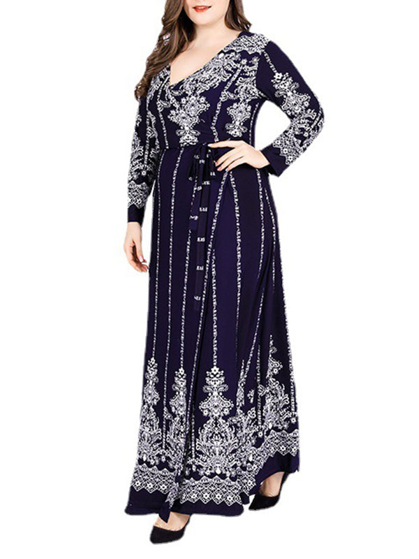 xakxx Long Sleeves Floral Printed Split-Joint V-Neck Maxi Dresses Plus Dresses