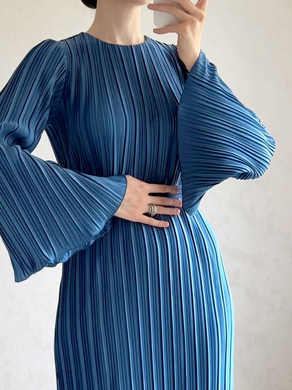 xakxx Flared Sleeves Long Sleeves Pleated Ruffled Solid Color Round-Neck Maxi Dresses