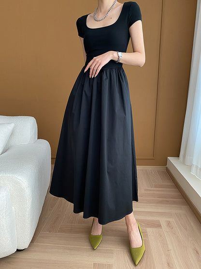 xakxx A-Line High Waisted Pleated Solid Color Square-Neck Midi Dresses