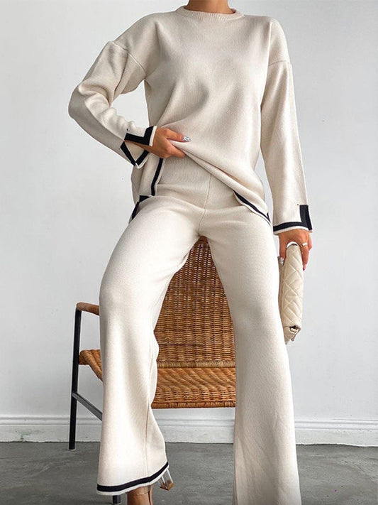 xakxx xakxx-Urban Loose Contrast Color Long Sleeves Round-Neck Sweater Tops & Pants Suits