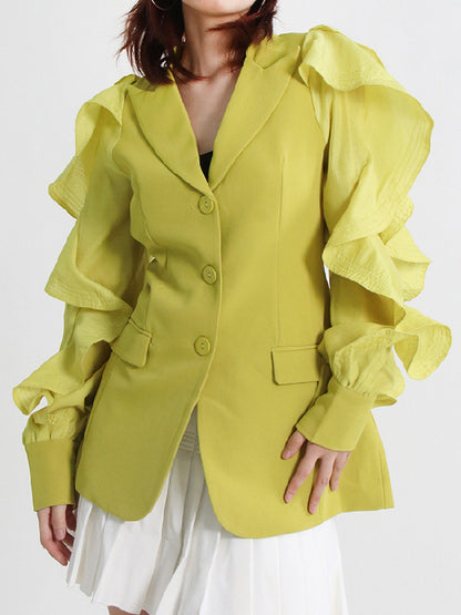 xakxx Long Sleeves Loose Buttoned Pockets Ruffled Split-Joint Notched Collar Blazer Outerwear