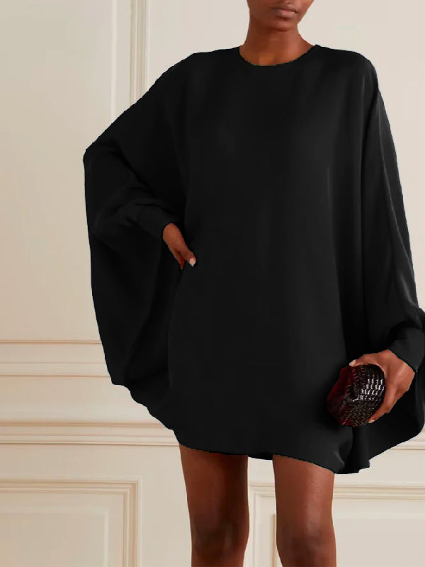 xakxx Simple Long Batwing Sleeves Solid Color Round-Neck Mini Dresses