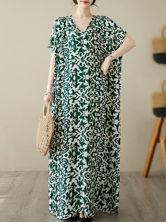 xakxx Batwing Sleeves Loose Floral Printed V-Neck Maxi Dresses