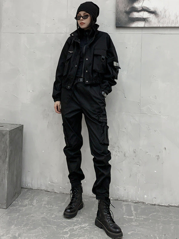 xakxx Original Black Pocket Zipper Split-Joint Overalls Pants