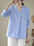 xakxx Long Sleeves Loose Pockets Solid Color V-Neck Blouses&Shirts Tops