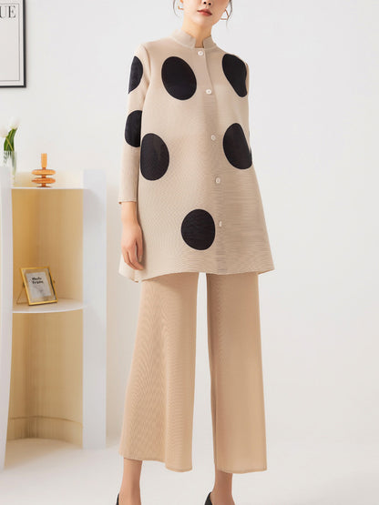 xakxx Long Sleeves Loose Pleated Polka Dot Stand Collar Two Pieces Set