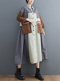 xakxx Vintage Loose Long Sleeves Contrast Color Polo Midi Dresses