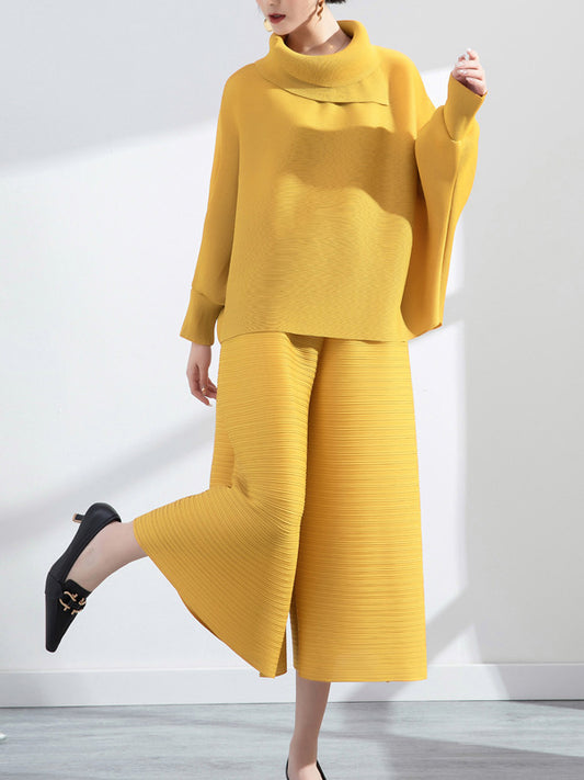 xakxx Simple Loose Long Sleeves Pleated Solid Color High-Neck T-Shirt Top&Wide Legs Pants Two Pieces Set