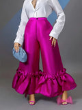 xakxx Loose Wide Leg Buttoned Falbala High-Waisted Solid Color Flared Trousers Pants