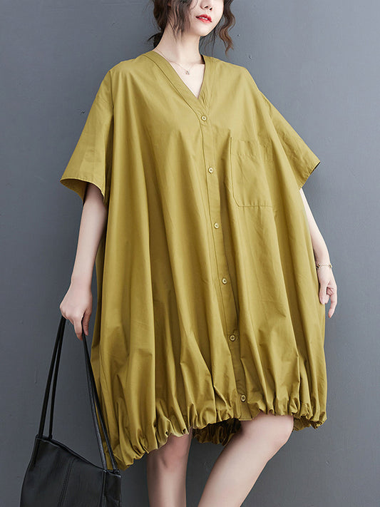 xakxx Loose Short Sleeves Solid Color V-Neck Midi Dresses