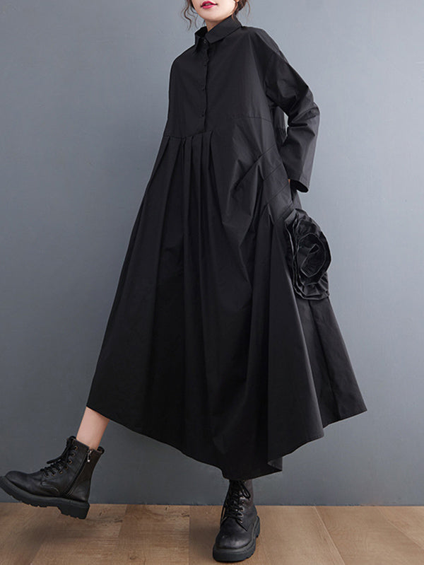 xakxx Urban Floral Applique Pleated Long Sleeves Shirt Dress Midi Dress