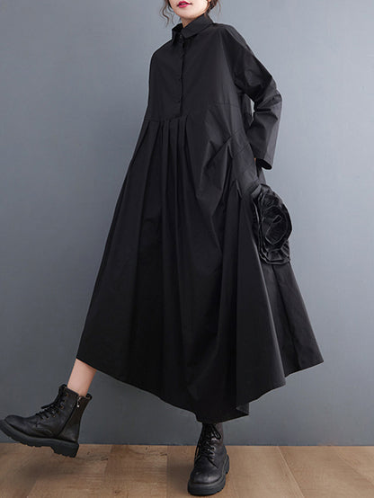 xakxx Urban Floral Applique Pleated Long Sleeves Shirt Dress Midi Dress