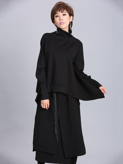 xakxx Solid Color Asymmetric High-Neck Loose Batwing Sleeve Sweatshirt