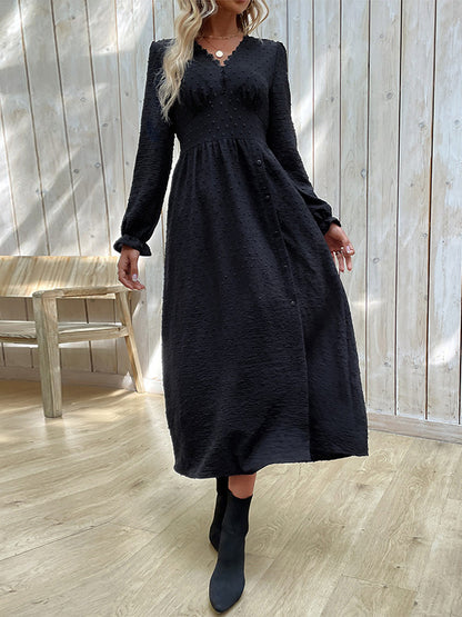 xakxx A-Line Long Sleeves Buttoned Elasticity Solid Color Split-Side V-Neck Midi Dresses