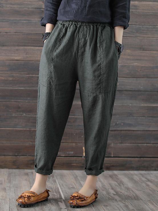 xakxx Loose Elastic Waist Ramie Cotton Pants