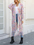 xakxx Long Sleeves Loose Plaid Tasseled Collarless Cardigan Tops