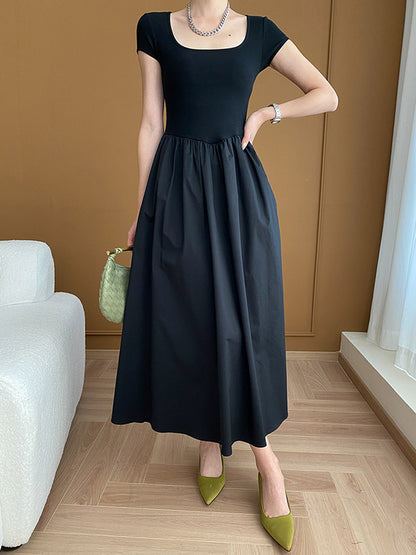 xakxx A-Line High Waisted Pleated Solid Color Square-Neck Midi Dresses