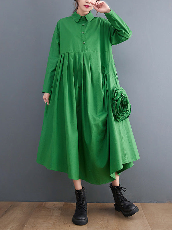 xakxx Urban Floral Applique Pleated Long Sleeves Shirt Dress Midi Dress