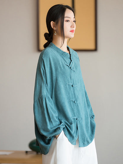 xakxx Artistic Retro Loose Long Sleeves Buttoned Solid Color Stand Collar Blouses&Shirts Tops