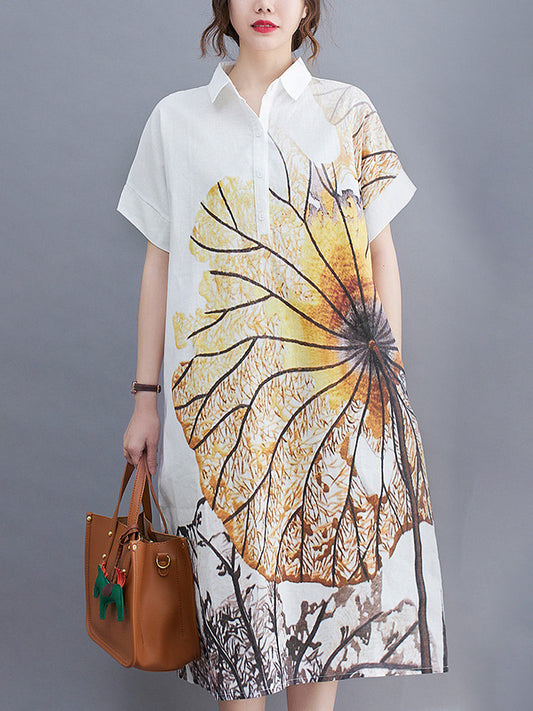 xakxx Artistic Retro Floral Printed Buttoned Lapel Collar Short Sleeves Midi Shirt Dress