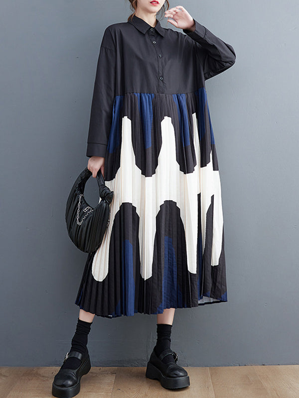 xakxx A-Line Long Sleeves Contrast Color Pleated Printing Split-Joint Polo Midi Dresses