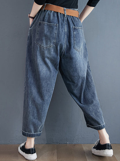 xakxx Artistic Retro Loose Velvet Elasticity Belted Jean Pants