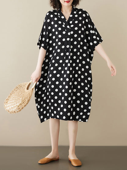 xakxx Loose Short Sleeves Polka-Dot V-Neck Midi Dresses