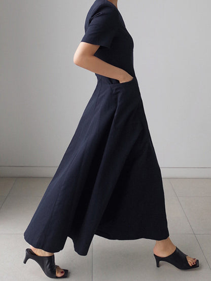 xakxx Simple Casual Solid Color Pleated Midi Dress