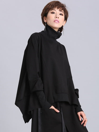 xakxx Solid Color Asymmetric High-Neck Loose Batwing Sleeve Sweatshirt