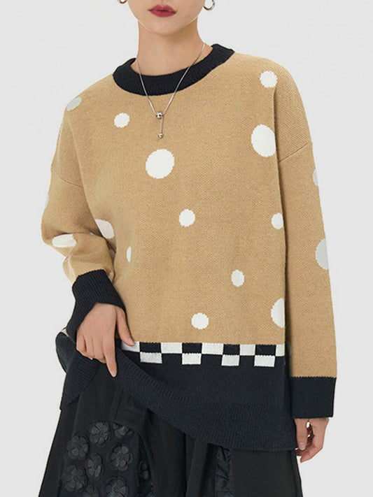 xakxx Long Sleeves Loose Contrast Color Polka-Dot Velvet Round-Neck Pullovers Sweater Tops