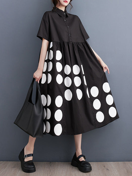 xakxx A-Line Loose Buttoned Pockets Polka Dot Printed Lapel Midi Dresses