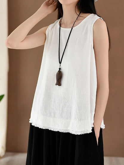 xakxx Loose Sleeveless Fringed Solid Color Round-Neck Vest Top