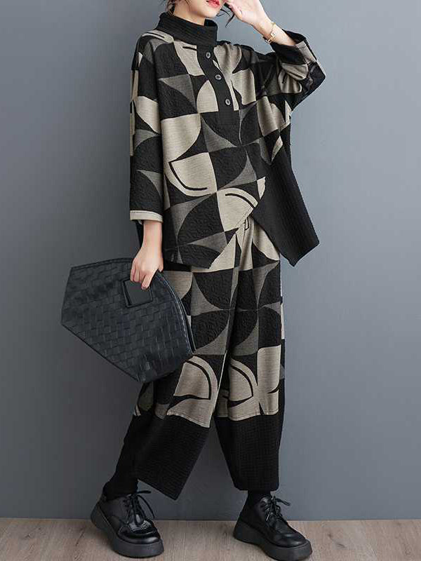 xakxx Long Sleeves Asymmetric Buttoned Printed Stand Collar Sweatshirt Top + Harem Pants Pants Bottom Two Pieces Set