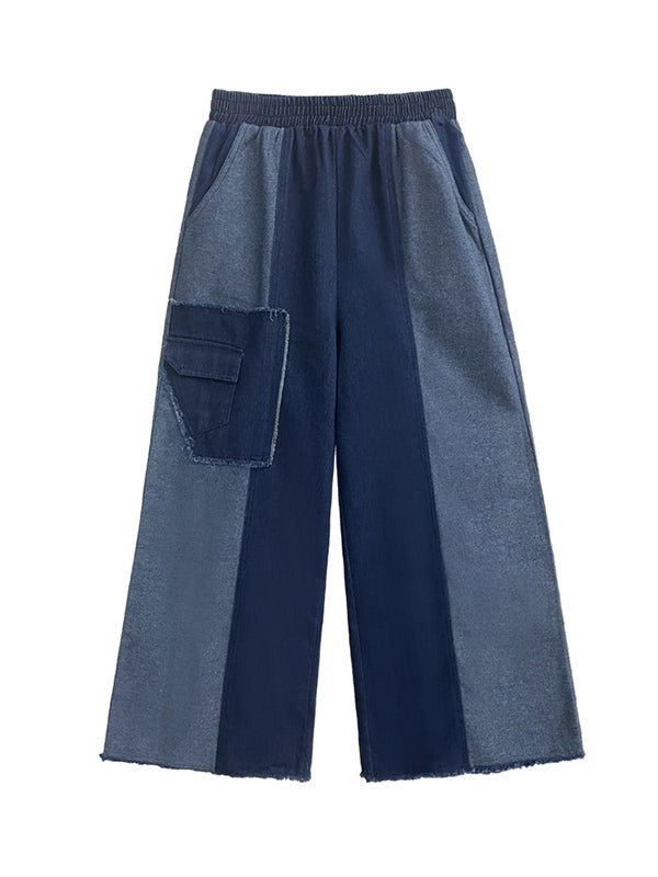 xakxx High Waisted Loose Contrast Color Elasticity Fringed Split-Joint Jean Pants Bottoms