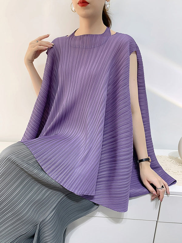 xakxx Loose Sleeveless Pleated Solid Color Halter-Neck T-Shirts Tops