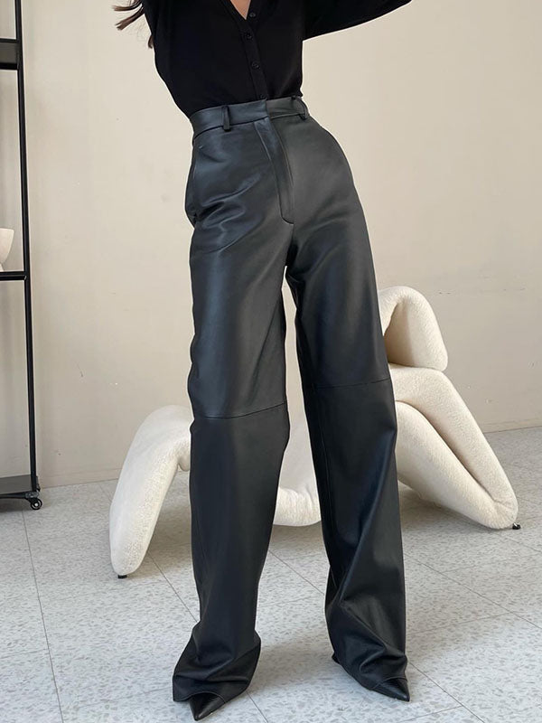 xakxx Skinny Leg Straight Leg High-Waisted Solid Color Split-Joint PU Pants Trousers