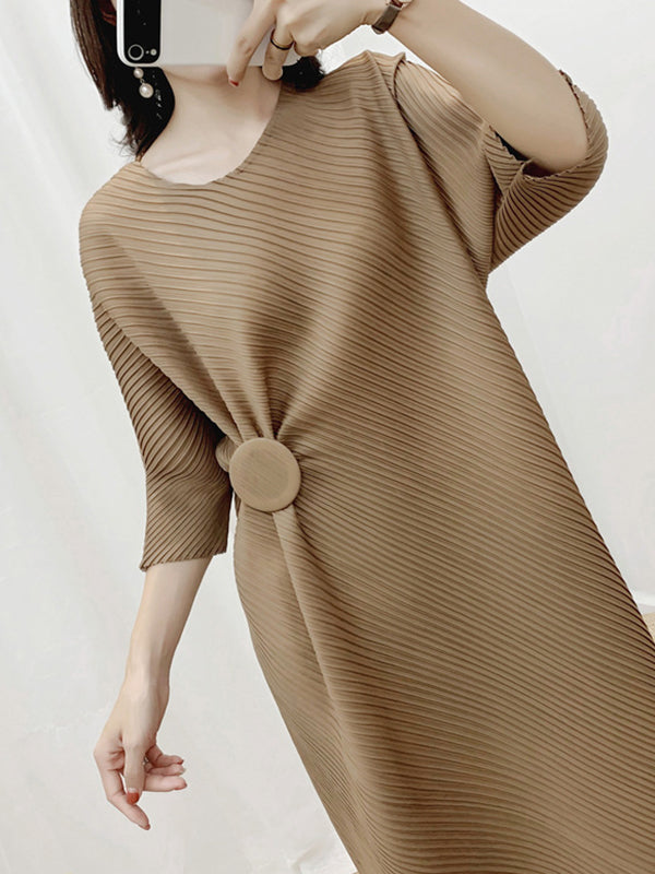 xakxx Half Sleeves Irregular Clipping Pleated Solid Color Round-Neck Midi Dresses