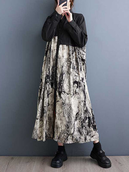 xakxx A-Line Long Sleeves Asymmetric Buttoned Printed Split-Joint Lapel Midi Dresses Shirt Dress