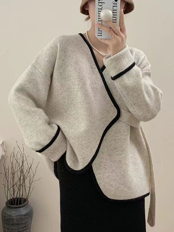 xakxx Long Sleeves Loose Split-Joint V-Neck Cardigan Tops