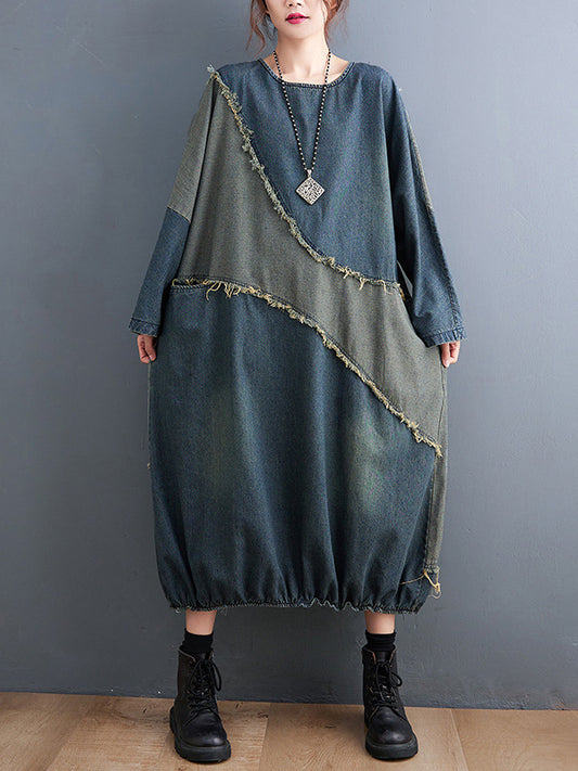 xakxx Original Loose Denim Contrast Color Round-Neck Long Sleeves Midi Dress