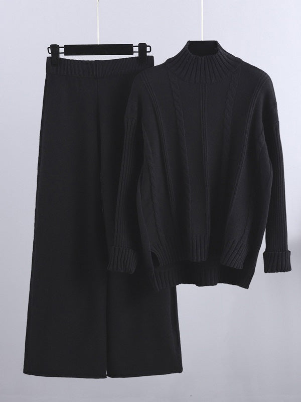 xakxx Loose Long Sleeves Split-Side Solid High-Low Half Turtleneck Sweater Tops & Wide Leg Pants Two Pieces Set